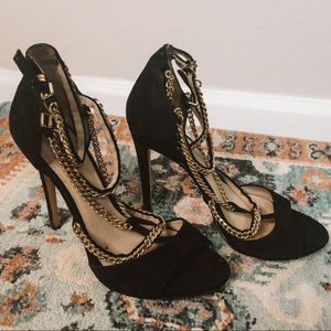 ZARA High Heels • Black Suede Gold Chains